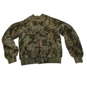 Prana Sherpa Fleece Bomber Jacket Womens Large Green Camo Full Zip Excellent